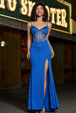 Sparkly Royal Blue Mermaid Corset Beaded Prom Dress with Slit