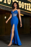 Sparkly Royal Blue Mermaid Corset Beaded Prom Dress with Slit