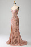 Sparkly Rose Golden Mermaid Beaded Ruched Sequin Corset Long Prom Dress with Slit