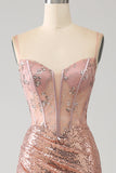 Sparkly Rose Golden Mermaid Beaded Ruched Sequin Corset Long Prom Dress with Slit