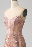 Sparkly Rose Golden Mermaid Beaded Ruched Sequin Corset Long Prom Dress with Slit