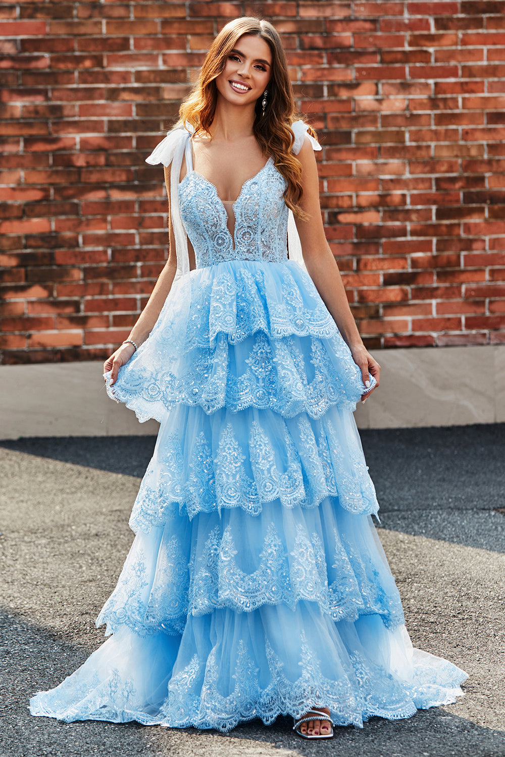 Princess Light Blue Bow Tie Straps Sequin Tiered Tulle Long Sparkly Prom Dress