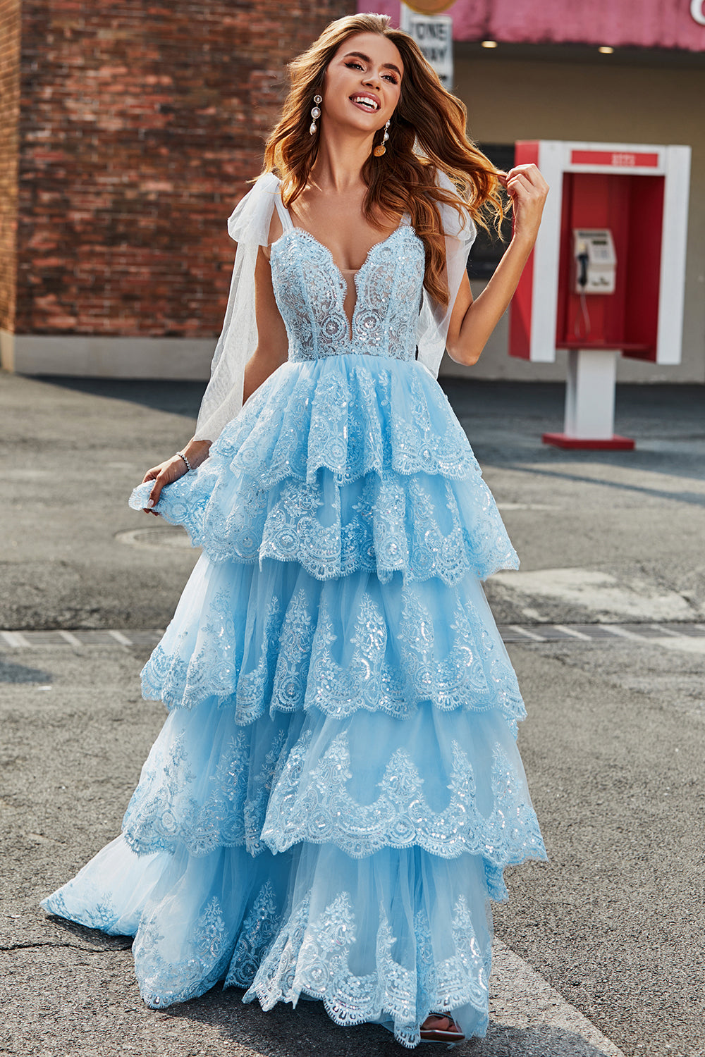 Princess Light Blue Bow Tie Straps Sequin Tiered Tulle Long Sparkly Prom Dress