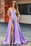 Sparkly Lilac A-Line Side Slit Corset Long Prom Dresses with Rhinestones