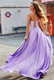 Sparkly Lilac A-Line Side Slit Corset Long Prom Dresses with Rhinestones