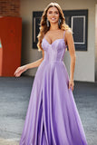 Sparkly Lilac A-Line Side Slit Corset Long Prom Dresses with Rhinestones