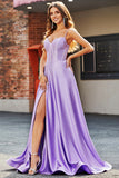 Sparkly Lilac A-Line Side Slit Corset Long Prom Dresses with Rhinestones