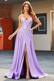 Sparkly Lilac A-Line Side Slit Corset Long Prom Dresses with Rhinestones