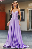 Sparkly Lilac A-Line Side Slit Corset Long Prom Dresses with Rhinestones