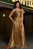 Sparkly A-Line Ruched Spaghetti Straps Beaded Metallic Prom Dress With Slit