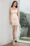 White Champagne Bodycon Spaghetti Straps Graduation Dress With Lace