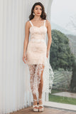 White Champagne Bodycon Spaghetti Straps Little White Dress With Lace