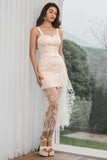 White Champagne Bodycon Spaghetti Straps Graduation Dress With Lace