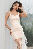 White Champagne Bodycon Spaghetti Straps Graduation Dress With Lace