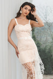 White Champagne Bodycon Spaghetti Straps Little White Dress With Lace