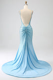 Sparkly Light Blue Mermaid Spaghetti Straps Beaded Long Prom Dress with Slit