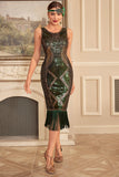 Dark Green Sheath Sequins Fringed Tea-Length Dress