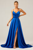 Royal Blue A Line V Neck Pleated Satin Bridesmaid Dress with Slit