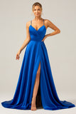 Royal Blue A Line V Neck Pleated Satin Maxi Dress with Slit