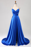Royal Blue A Line V Neck Open Back Pleated Satin Long Prom Dress with Slit