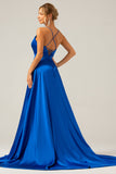 Royal Blue A Line V Neck Pleated Satin Bridesmaid Dress with Slit