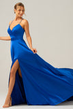 Royal Blue A Line V Neck Pleated Satin Bridesmaid Dress with Slit