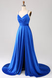 Royal Blue A Line V Neck Open Back Pleated Satin Long Prom Dress with Slit
