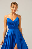 Royal Blue A Line V Neck Pleated Satin Bridesmaid Dress with Slit