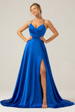 Royal Blue A Line V Neck Pleated Satin Maxi Dress with Slit