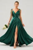 Dark Green A-Line Spaghetti Straps Pleated Satin Long Bridesmaid Dress With Slit