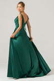 Dark Green A-Line Spaghetti Straps Pleated Satin Long Bridesmaid Dress With Slit