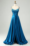 Dark Blue A-Line Spaghetti Straps Split Corset Prom Dress With Beading