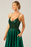 Sparkly Dark Green A-Line Spaghetti Straps Sequin Long Prom Dress