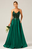 Sparkly Dark Green A-Line Spaghetti Straps Sequin Long Prom Dress