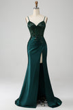 Dark Green Mermaid Spaghetti Straps Pleated Sequin Bridesmaid Dress With Slit