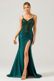 Dark Green Mermaid Spaghetti Straps Pleated Sequin Bridesmaid Dress With Slit