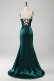 Dark Green Mermaid Spaghetti Straps Pleated Sequin Prom Dress With Slit