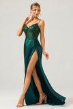 Dark Green Mermaid Spaghetti Straps Pleated Sequin Bridesmaid Dress With Slit