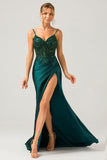 Dark Green Mermaid Spaghetti Straps Pleated Sequin Bridesmaid Dress With Slit