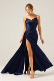 Navy Mermaid Spaghetti Straps Pleated Sequin Maxi Dress With Slit
