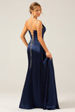 Navy Mermaid Spaghetti Straps Pleated Sequin Maxi Dress With Slit