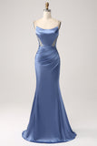 Grey Blue Mermaid Spaghetti Straps Cut Out Satin Long Prom Dress