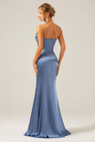 Grey Blue Mermaid Spaghetti Straps Cut Out Satin Floor Length Dress