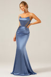 Grey Blue Mermaid Spaghetti Straps Cut Out Satin Floor Length Dress