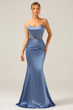 Grey Blue Mermaid Spaghetti Straps Cut Out Satin Floor Length Dress