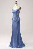 Grey Blue Mermaid Spaghetti Straps Cut Out Satin Long Prom Dress