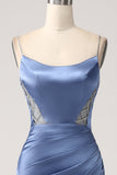 Grey Blue Mermaid Spaghetti Straps Cut Out Satin Long Prom Dress