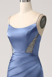 Grey Blue Mermaid Spaghetti Straps Cut Out Satin Long Prom Dress