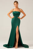 Dark Green Sheath Spaghetti Straps Pleated Long Bridesmaid Dress With Slit