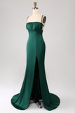 Dark Green Sheath Spaghetti Straps Pleated Maxi Dress With Slit